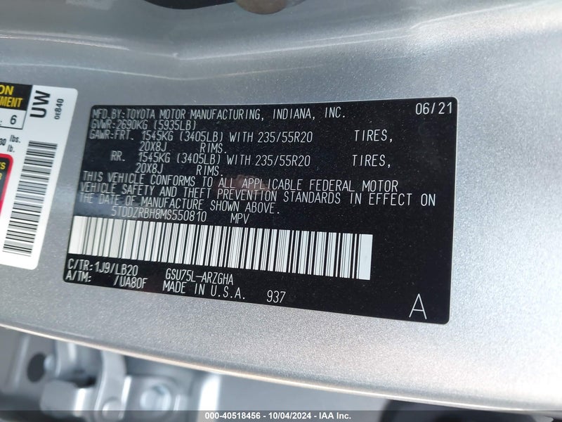 5TDDZRBH8MS550810 TOYOTA HIGHLANDER с аукциона США | Day Drive